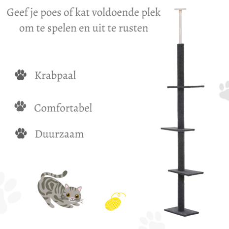 Krabpaal in hoogte verstelbaar  - Kattenkrabpaal  - Krabpaal voor katten - Kattenspeeltjes -  Katten - Grijs - 43L x 27B x 228-260H cm