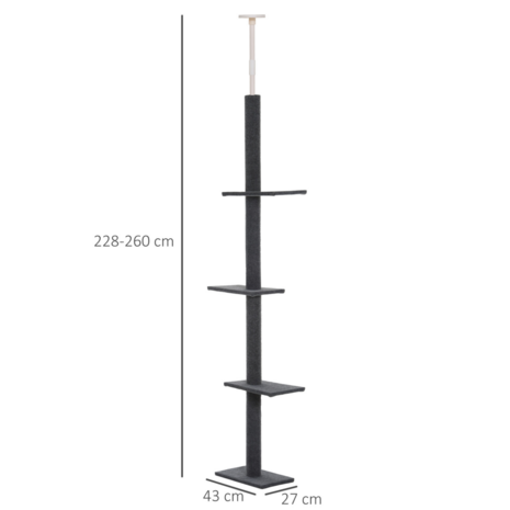 Krabpaal in hoogte verstelbaar  - Kattenkrabpaal  - Krabpaal voor katten - Kattenspeeltjes -  Katten - Grijs - 43L x 27B x 228-260H cm