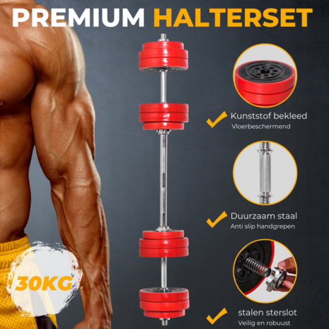 Dumbbell set - Barbell set - Halter - Gewichten - Halterset - Halters - Halterstang met gewichten - 30 Kg