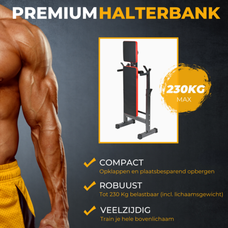 FitGoodz - Halterbank - Fitnessbank - Trainingsbank - Dipstation - Opklapbaar - Max 230 Kg - Krachtsport - Fitness