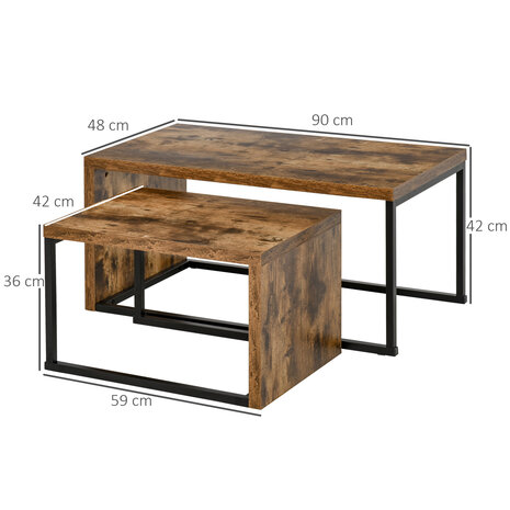 Salontafel - 2 delig - industrieel - tafeltje -  Bijzettafel - zwart/bruin - 90 x 48 x 42 cm / 59 x 42 x 36 cm