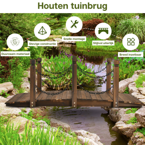 Tuinbrug - Vijverbrug - Brug - Loopbrug - Hout - Ketting - 150 x 67 x 55 cm - Bruin