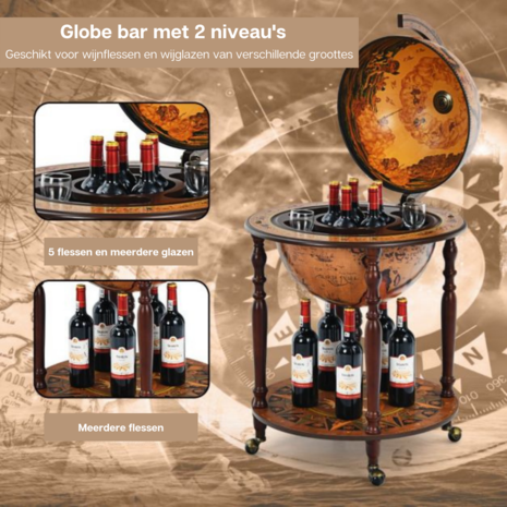 Costway - Wijnrek - Globebar - Wijnbar - Wereldbol bar -  ⌀ 60,5 cm - Bruin