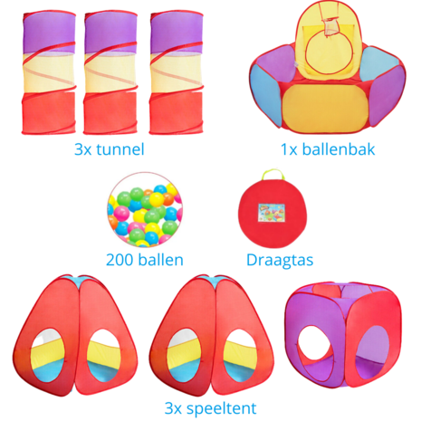 Speeltent - Speeltent met tunnel - Kruiptunnel - Ballenbak - Ballenbad - 200 ballen - XXL Megaset