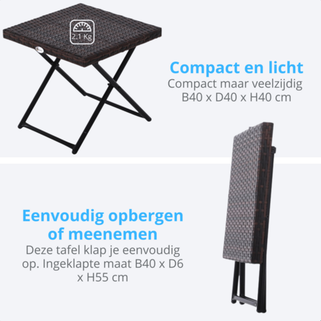 Bijzettafel - Bijzettafel buiten - Tuintafel - Polyrattan - Opvouwbaar - 40 x 40 x 40 cm - Bruin