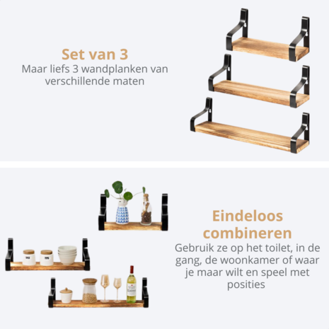 Costway - Wandplank - Zwevende wandplank - 3 Stuks - Industrieel - Hout - Bruin/Zwart