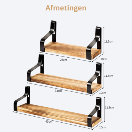 Costway - Wandplank - Zwevende wandplank - 3 Stuks - Industrieel - Hout - Bruin/Zwart