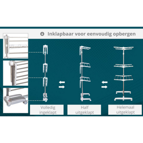 Droogrek - Wasrek - Wasdroogrek - Verrijdbaar - Inklapbaar  - 3 niveau&#039;s - Hooogte 152 cm