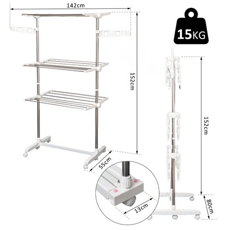 Droogrek - Wasrek - Wasdroogrek - Verrijdbaar - Inklapbaar  - 3 niveau&#039;s - Hooogte 152 cm