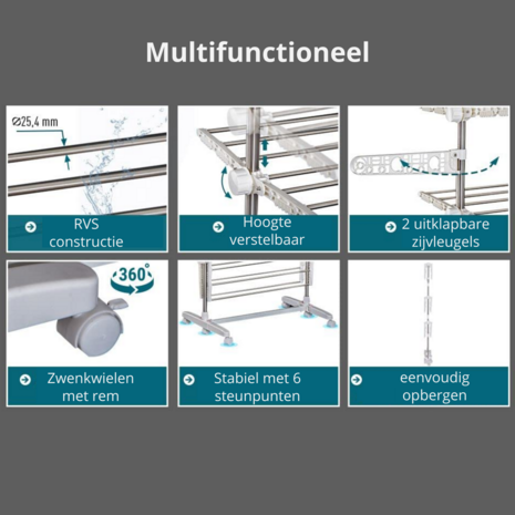 Droogrek - Wasrek - Wasdroogrek - Verrijdbaar - Inklapbaar  - 4 niveau&#039;s - Hooogte 172 cm