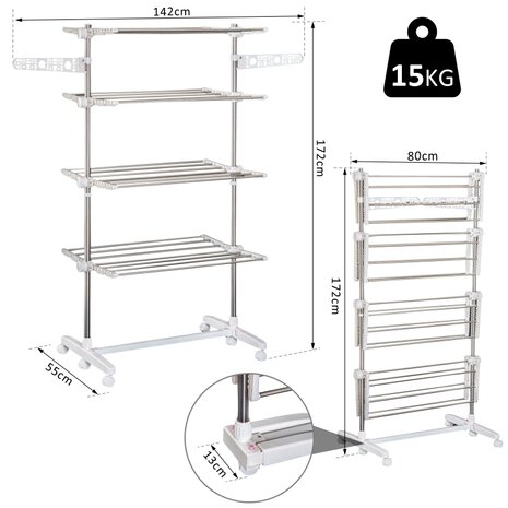 Droogrek - Wasrek - Wasdroogrek - Verrijdbaar - Inklapbaar  - 4 niveau&#039;s - Hooogte 172 cm