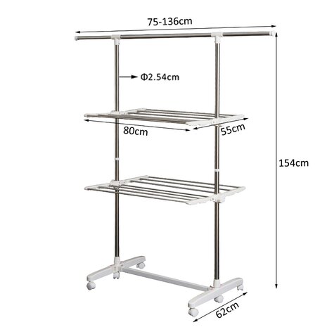 Droogrek - Wasrek - Wasdroogrek - Verrijdbaar - Inklapbaar  - 4 niveau&#039;s - Hooogte 154 cm