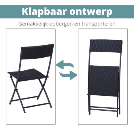 3-delige Bistroset poly rattan - inklapbaar - Balkon tuinmeubelset - Zwart