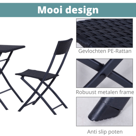 3-delige Bistroset poly rattan - inklapbaar - Balkon tuinmeubelset - Zwart