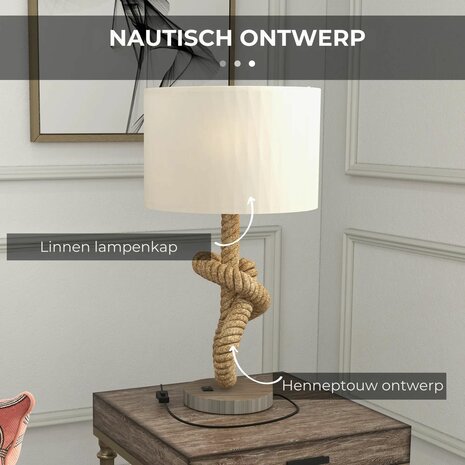 Tafellamp met touw - Leeslamp  - Natuurlijke uitstraling - Hennep touw - Inclusief LED lamp - USB oplaadpunt