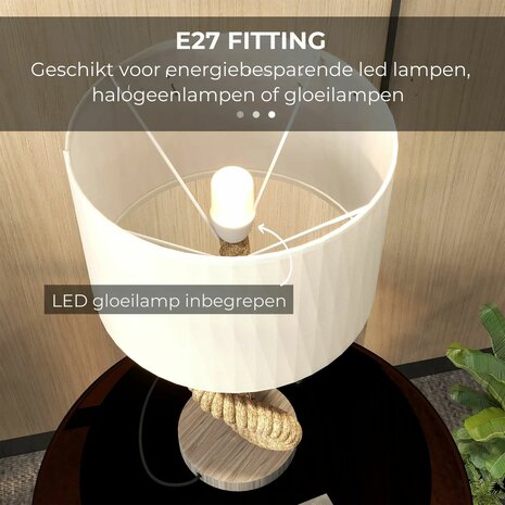 Tafellamp met touw - Leeslamp  - Natuurlijke uitstraling - Hennep touw - Inclusief LED lamp - USB oplaadpunt
