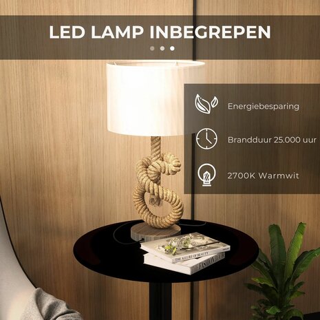 Tafellamp met touw - Leeslamp  - Natuurlijke uitstraling - Hennep touw - Inclusief LED lamp - USB oplaadpunt