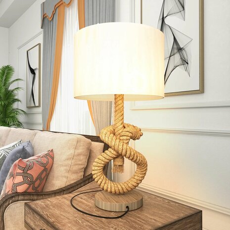 Tafellamp met touw - Leeslamp  - Natuurlijke uitstraling - Hennep touw - Inclusief LED lamp - USB oplaadpunt