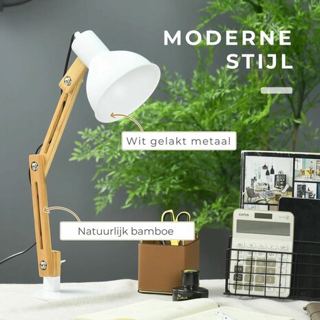 Bureaulamp - Verstelbaar - Bamboe - Wit - Bureaulampen - Tafellamp - Leeslamp - 40W