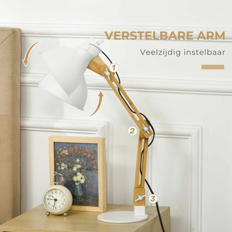 Bureaulamp - Verstelbaar - Bamboe - Wit - Bureaulampen - Tafellamp - Leeslamp - 40W