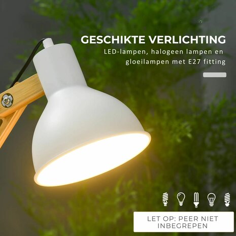 Bureaulamp - Verstelbaar - Bamboe - Wit - Bureaulampen - Tafellamp - Leeslamp - 40W