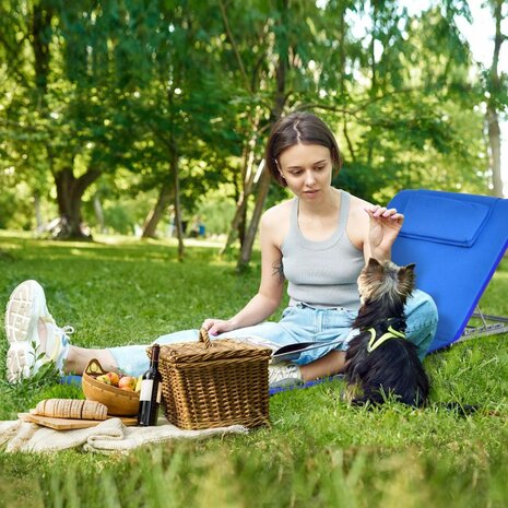 Zenzee Strandstoel - Set van 2 - Met klaptafel &ndash; Blauw &ndash; Ligbed &ndash; Zonnebed &ndash; Strandmat met rugleuning &ndash; Afneembare hoofdkussens