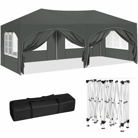 Partytent Opvouwbaar - Met Zijwanden &ndash; Paviljoen - Easy Up partytent &ndash; Tuinpaviljoen &ndash; 6x3m &ndash; Waterdicht - Grijs