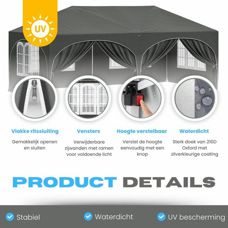 Partytent Opvouwbaar - Met Zijwanden &ndash; Paviljoen - Easy Up partytent &ndash; Tuinpaviljoen &ndash; 6x3m &ndash; Waterdicht - Grijs