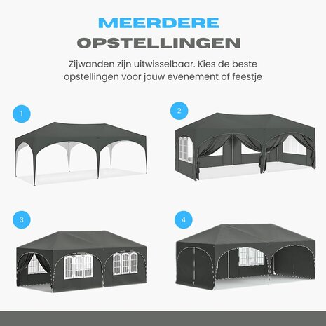 Partytent Opvouwbaar - Met Zijwanden &ndash; Paviljoen - Easy Up partytent &ndash; Tuinpaviljoen &ndash; 6x3m &ndash; Waterdicht - Grijs