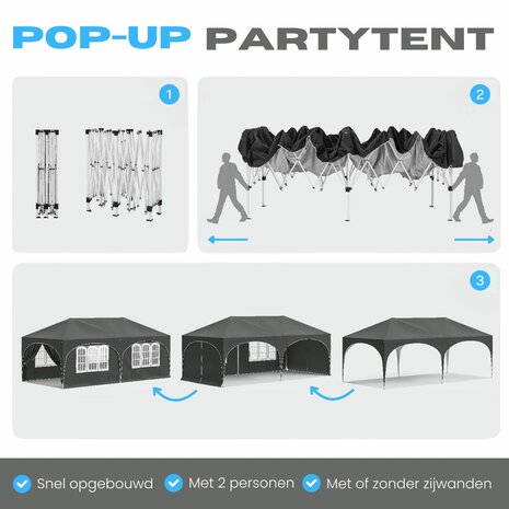Partytent Opvouwbaar - Met Zijwanden &ndash; Paviljoen - Easy Up partytent &ndash; Tuinpaviljoen &ndash; 6x3m &ndash; Waterdicht - Grijs