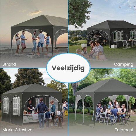 Partytent Opvouwbaar - Met Zijwanden &ndash; Paviljoen - Easy Up partytent &ndash; Tuinpaviljoen &ndash; 6x3m &ndash; Waterdicht - Grijs