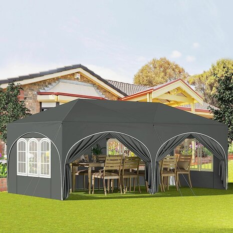 Partytent Opvouwbaar - Met Zijwanden &ndash; Paviljoen - Easy Up partytent &ndash; Tuinpaviljoen &ndash; 6x3m &ndash; Waterdicht - Grijs