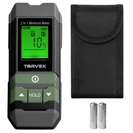 Torvex 3 in 1 digitale vochtmeter &ndash; Temperatuurmeter - Vochtmeter muren &ndash; Voor hout en bouwmaterialen &ndash; Incl. batterijen &amp; opberghoes