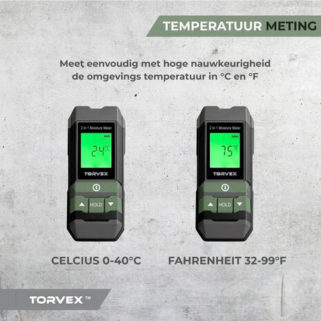 Torvex 3 in 1 digitale vochtmeter &ndash; Temperatuurmeter - Vochtmeter muren &ndash; Voor hout en bouwmaterialen &ndash; Incl. batterijen &amp; opberghoes
