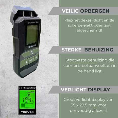 Torvex 3 in 1 digitale vochtmeter &ndash; Temperatuurmeter - Vochtmeter muren &ndash; Voor hout en bouwmaterialen &ndash; Incl. batterijen &amp; opberghoes