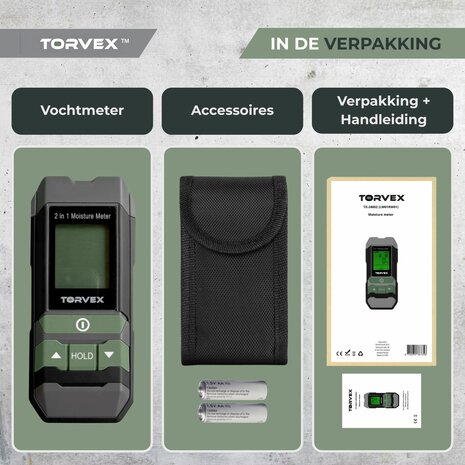 Torvex 3 in 1 digitale vochtmeter &ndash; Temperatuurmeter - Vochtmeter muren &ndash; Voor hout en bouwmaterialen &ndash; Incl. batterijen &amp; opberghoes