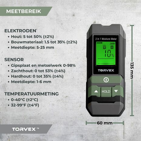 Torvex 3 in 1 digitale vochtmeter &ndash; Temperatuurmeter - Vochtmeter muren &ndash; Voor hout en bouwmaterialen &ndash; Incl. batterijen &amp; opberghoes