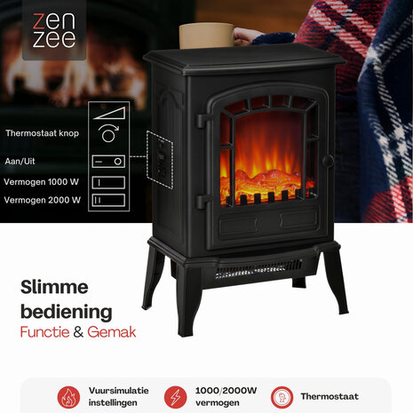 Sfeerhaard Elektrisch - Vrijstaand - Elektrische kachel - Elektrische haard &ndash; 1000/2000W &ndash; Zwart Openhaard