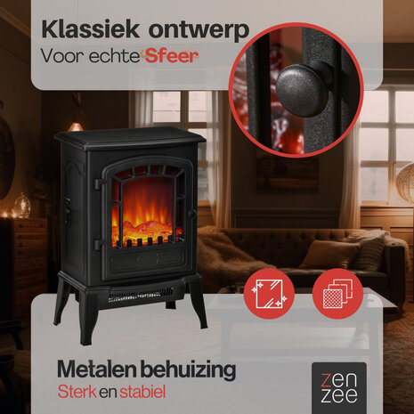 Sfeerhaard Elektrisch - Vrijstaand - Elektrische kachel - Elektrische haard &ndash; 1000/2000W &ndash; Zwart Openhaard