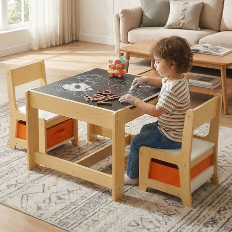 Kindertafel met stoeltjes &ndash; Kindertafel &ndash; Speeltafel &ndash; Met opbergruimte &ndash; Krijtbord/Whiteboard - 3 tot 7 jaar &ndash; Hout
