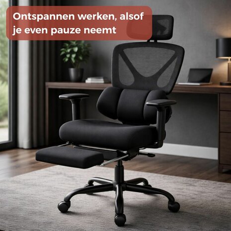 Ergonomische Bureaustoel met Voetensteun - Verstelbare Hoofdsteun en Lendensteun - Office Chair met Wielen - Bureaustoelen voor Volwassenen tot 120kg  - Zwart 