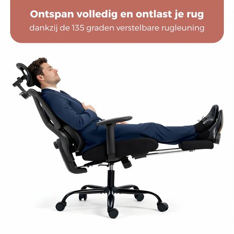 Ergonomische Bureaustoel met Voetensteun - Verstelbare Hoofdsteun en Lendensteun - Office Chair met Wielen - Bureaustoelen voor Volwassenen tot 120kg  - Zwart 