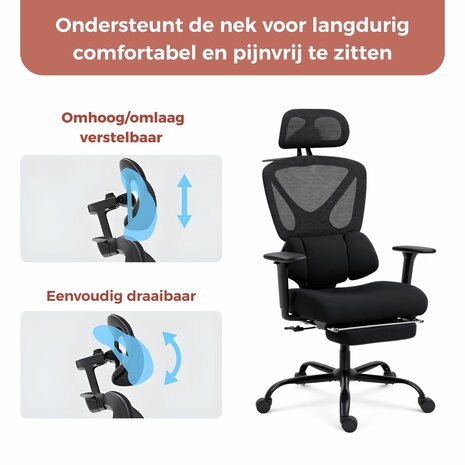 Ergonomische Bureaustoel met Voetensteun - Verstelbare Hoofdsteun en Lendensteun - Office Chair met Wielen - Bureaustoelen voor Volwassenen tot 120kg  - Zwart 