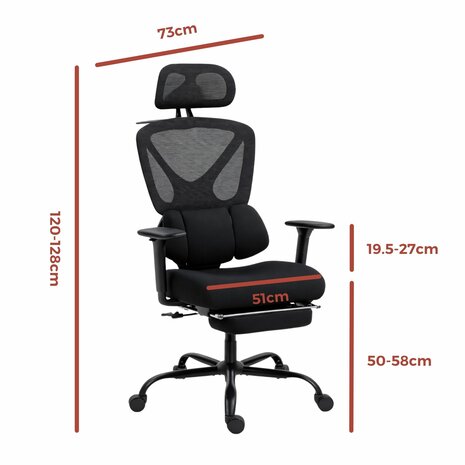 Ergonomische Bureaustoel met Voetensteun - Verstelbare Hoofdsteun en Lendensteun - Office Chair met Wielen - Bureaustoelen voor Volwassenen tot 120kg  - Zwart 