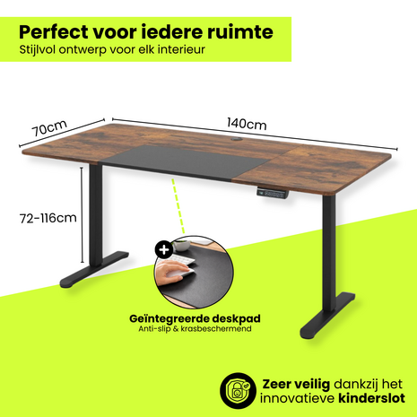 Elektrisch Zit Sta Bureau - Met Deskpad, Botsbeveiliging &amp; Kinderslot -  Ergonomisch Thuiswerken - 140 x 70 cm