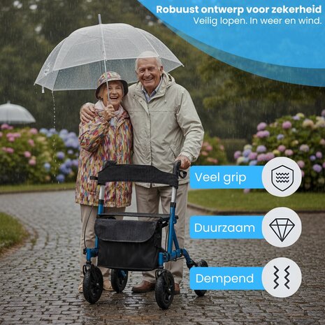 Rollator Lichtgewicht en Opvouwbaar - Met Luchtbanden, Ergonomische Zitting en Wandelstokhouder - Voor Binnen en Buiten - Blauw