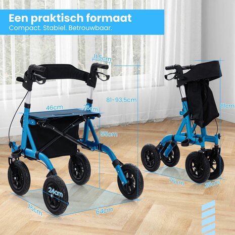 Rollator Lichtgewicht en Opvouwbaar - Met Luchtbanden, Ergonomische Zitting en Wandelstokhouder - Voor Binnen en Buiten - Blauw