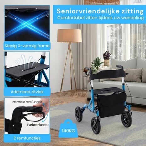 Rollator Lichtgewicht en Opvouwbaar - Met Luchtbanden, Ergonomische Zitting en Wandelstokhouder - Voor Binnen en Buiten - Blauw