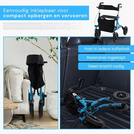 Rollator Lichtgewicht en Opvouwbaar - Met Luchtbanden, Ergonomische Zitting en Wandelstokhouder - Voor Binnen en Buiten - Blauw