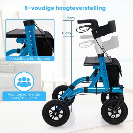 Rollator Lichtgewicht en Opvouwbaar - Met Luchtbanden, Ergonomische Zitting en Wandelstokhouder - Voor Binnen en Buiten - Blauw
